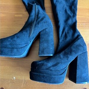 Forever 21 Black Suede-Look Platform Block Heel Boots